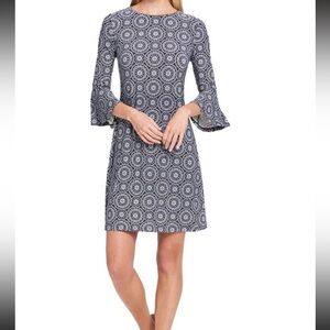 Tommy Hilfiger Bell Sleeve Navy/White Midi Business Casual Dress Size 2 EUC